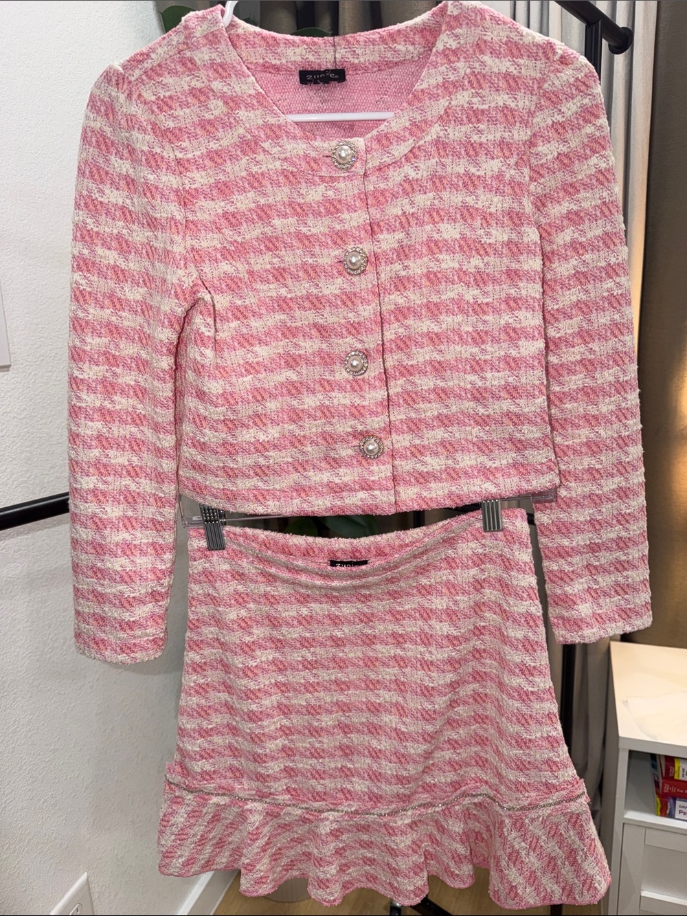 Zunie kids Pink & White Tweed Jacket and Skirt Set